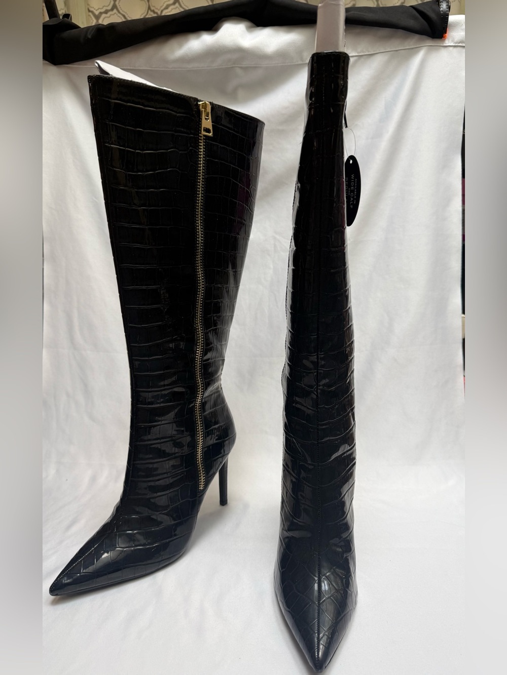 NEW INC Sabrinaa Knee High Boots Black Croc Sz 9M Wide Calf Pointed Toe Stiletto